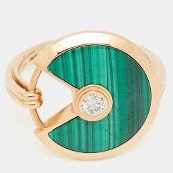 Pre Owned Cartier Amulette De Cartier Malachite Diamond 18k Rose Gold Ring Size 51