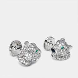 Cartier Panthere De Cartier Diamonds Emerald Onyx 18k White Gold Stud Earrings