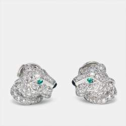 Cartier Panthere De Cartier Diamonds Emerald Onyx 18k White Gold Stud Earrings