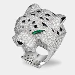 Pre Owned Cartier Panthere De Cartier Head Multi Gemstones 18k White Gold Ring Size 54