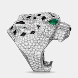Pre Owned Cartier Panthere De Cartier Head Multi Gemstones 18k White Gold Ring Size 54