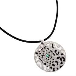Pre Owned Cartier Panther Diamond Emerald Openwork Disc Pendant Black Cord Necklace