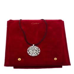 Pre Owned Cartier Panther Diamond Emerald Openwork Disc Pendant Black Cord Necklace