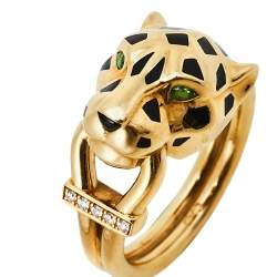 Pre Owned Cartier Panthere de Cartier Diamond Lacquer Garnet 18k Yellow Gold Ring Size 50