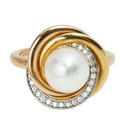 مملوكة مسبقًا Cartier Trinity Cultured Pearl Diamond 18K Three Tone Gold Ring 51