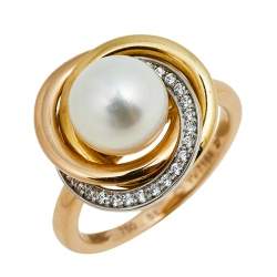مملوكة مسبقًا Cartier Trinity Cultured Pearl Diamond 18K Three Tone Gold Ring 51