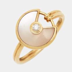 Pre Owned Cartier Amulette De Cartier Mother of Pearl Diamond 18k Yellow Gold Ring Size 54