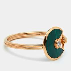 Pre Owned Cartier Amulette De Cartier Malachite Diamond 18K Rose Gold XS Model Ring Size 57