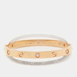 Pre Owned Cartier Love Paved Diamond 18k Two Tone Gold Bangle Bracelet 16