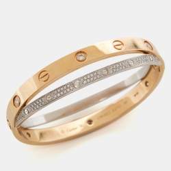 Pre Owned Cartier Love Paved Diamond 18k Two Tone Gold Bangle Bracelet 16