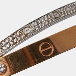Pre Owned Cartier Love Paved Diamond 18k Two Tone Gold Bangle Bracelet 16