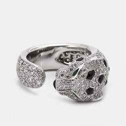 Pre Owned Cartier Panthere De Cartier Diamond Onyx Emerald 18K White Gold Cocktail Ring Size 48