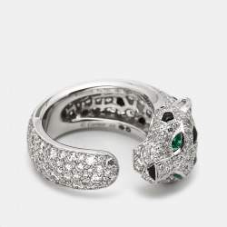 Pre Owned Cartier Panthere De Cartier Diamond Onyx Emerald 18K White Gold Cocktail Ring Size 48