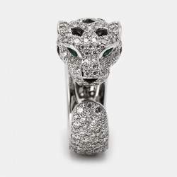 Pre Owned Cartier Panthere De Cartier Diamond Onyx Emerald 18K White Gold Cocktail Ring Size 48