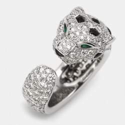 Pre Owned Cartier Panthere De Cartier Diamond Onyx Emerald 18K White Gold Cocktail Ring Size 48