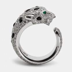 Pre Owned Cartier Panthere De Cartier Diamond Onyx Emerald 18K White Gold Cocktail Ring Size 48