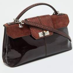 Cartier Dark Brown Patent Leather and Snakeskin Feminine Line Top Handle Bag