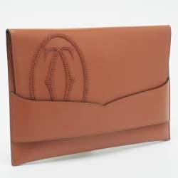 Pre Owned Cartier Brown Leather Logo Flap Clutch