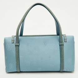 Pre Owned Cartier Blue Satin and Karung Leather Trimmed Happy Birthday Cabochon Flap Bag