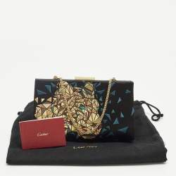 Pre Owned Cartier Black/Teal Satin and Leather Embroidered Panthere De Cartier Chain Clutch