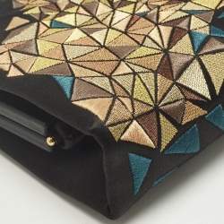 Pre Owned Cartier Black/Teal Satin and Leather Embroidered Panthere De Cartier Chain Clutch