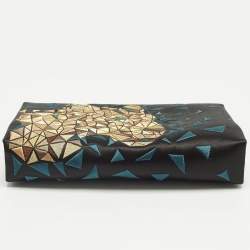 Pre Owned Cartier Black/Teal Satin and Leather Embroidered Panthere De Cartier Chain Clutch