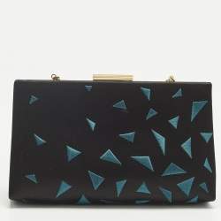 Pre Owned Cartier Black/Teal Satin and Leather Embroidered Panthere De Cartier Chain Clutch