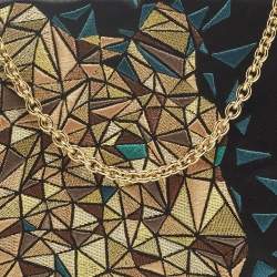 Pre Owned Cartier Black/Teal Satin and Leather Embroidered Panthere De Cartier Chain Clutch