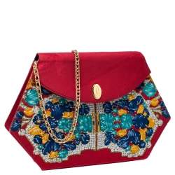 Pre Owned Cartier Red Floral Printed Fabric Chain Shoulder Bag