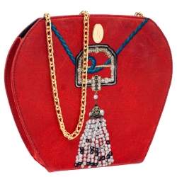 Cartier Red Printed Fabric Chain Clutch Bag