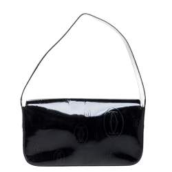 مملوكة مسبقًا Cartier Black Embossed Patent Leather Flap Baguette Shoulder Bag