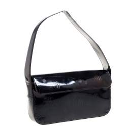 مملوكة مسبقًا Cartier Black Embossed Patent Leather Flap Baguette Shoulder Bag