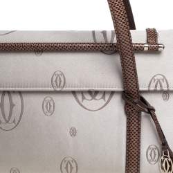 Pre Owned Cartier Grey/Brown Satin and Leather Karung Trimmed Happy Birthday Cabochon Flap Bag