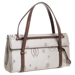 Pre Owned Cartier Grey/Brown Satin and Leather Karung Trimmed Happy Birthday Cabochon Flap Bag