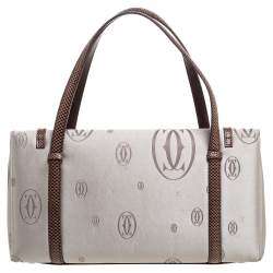 Pre Owned Cartier Grey/Brown Satin and Leather Karung Trimmed Happy Birthday Cabochon Flap Bag