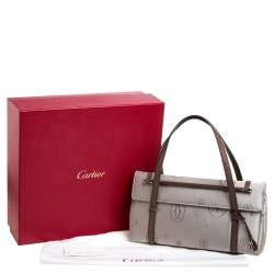 Pre Owned Cartier Grey/Brown Satin and Leather Karung Trimmed Happy Birthday Cabochon Flap Bag