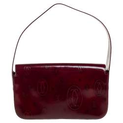 Pre Owned Cartier Burgundy Embossed Patent Leather Flap Baguette