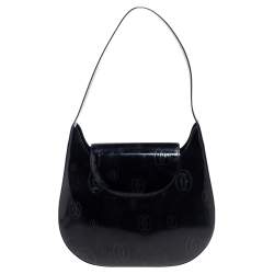 Pre Owned Cartier Black Glossy Logo Embossed Leather Flap Hobo