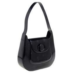 Pre Owned Cartier Black Glossy Logo Embossed Leather Flap Hobo