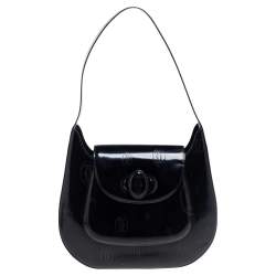 Pre Owned Cartier Black Glossy Logo Embossed Leather Flap Hobo