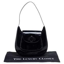Pre Owned Cartier Black Glossy Logo Embossed Leather Flap Hobo