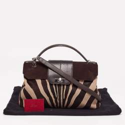 Pre Owned حقيبة بيد علوية كارتييه جلد ثعبان وسويدي، شعر عجل بني داكن/كريمي بخط مؤنث