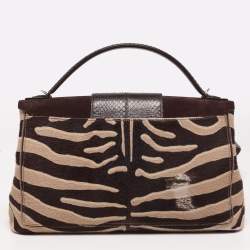 Pre Owned حقيبة بيد علوية كارتييه جلد ثعبان وسويدي، شعر عجل بني داكن/كريمي بخط مؤنث