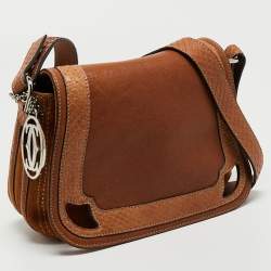 Pre Owned Cartier Brown Leather and Snakeskin Flap Shoulder Bag