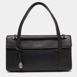 Pre Owned Cartier Black Leather Cabochon Flap Shoulder Bag