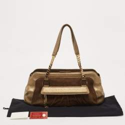 Pre Owned Cartier Gold/Olive Green Suede and Leather Frame Satchel