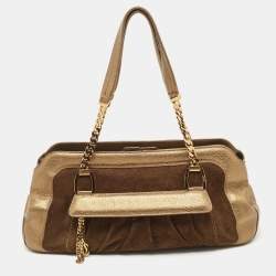 Pre Owned Cartier Gold/Olive Green Suede and Leather Frame Satchel