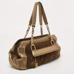 Pre Owned Cartier Gold/Olive Green Suede and Leather Frame Satchel