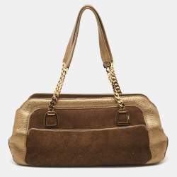 Pre Owned Cartier Gold/Olive Green Suede and Leather Frame Satchel