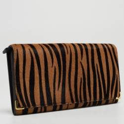 Pre Owned Cartier Beige/Black Zebra Print Calfhair Must de Cartier Continental Wallet